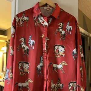 Mazik Red Equestrian Print Button Down Shirt